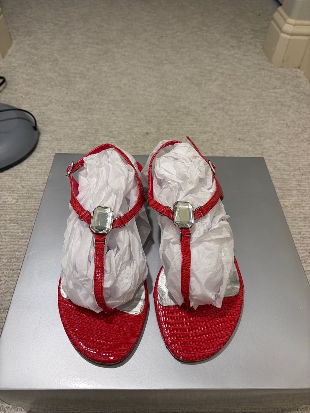 White House Black Market Red T-Strap Sandals with Gem Accent